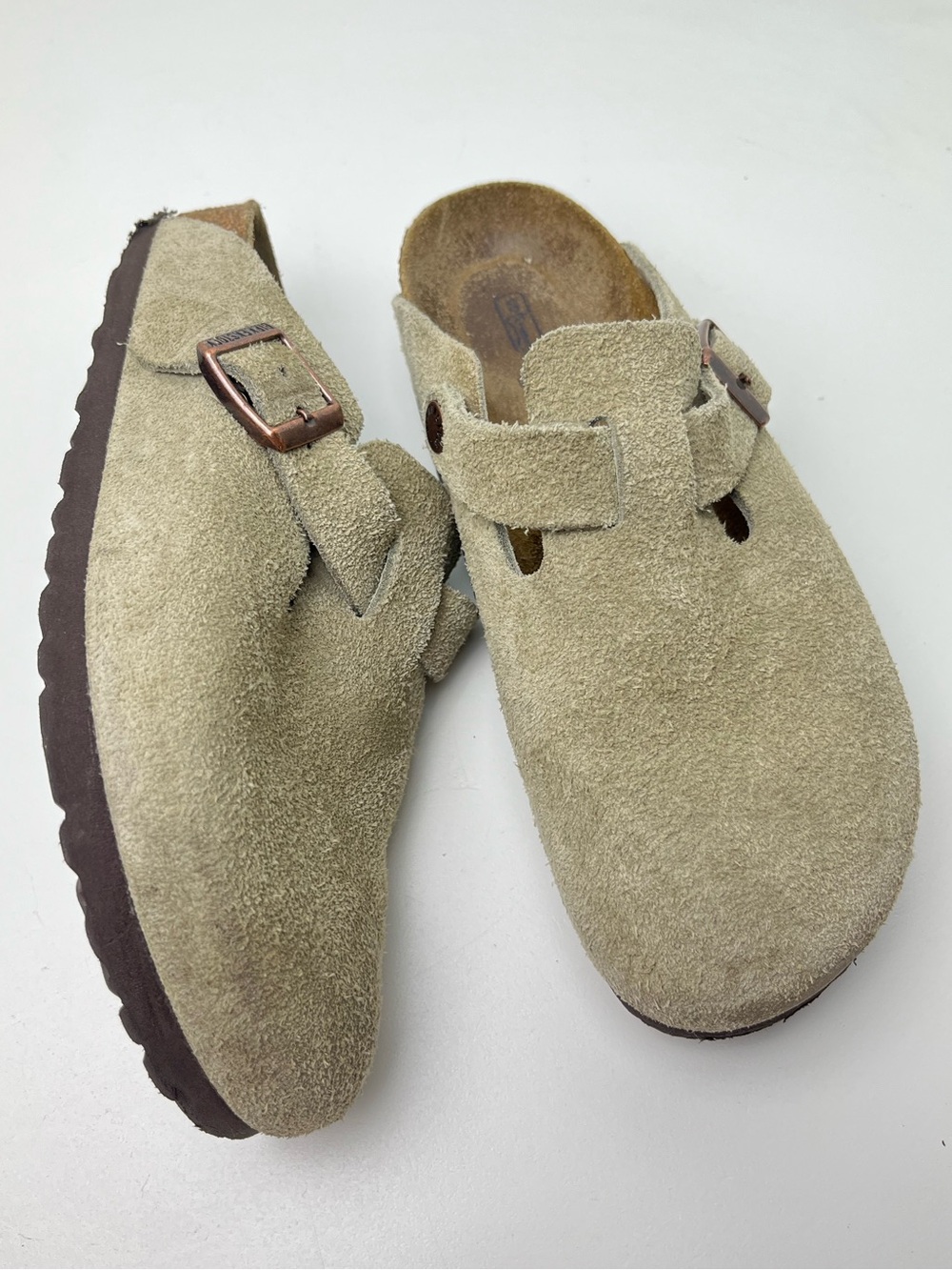 Birkenstock Women's Boston Taupe Suede Soft Footbed Slip-On Clogs